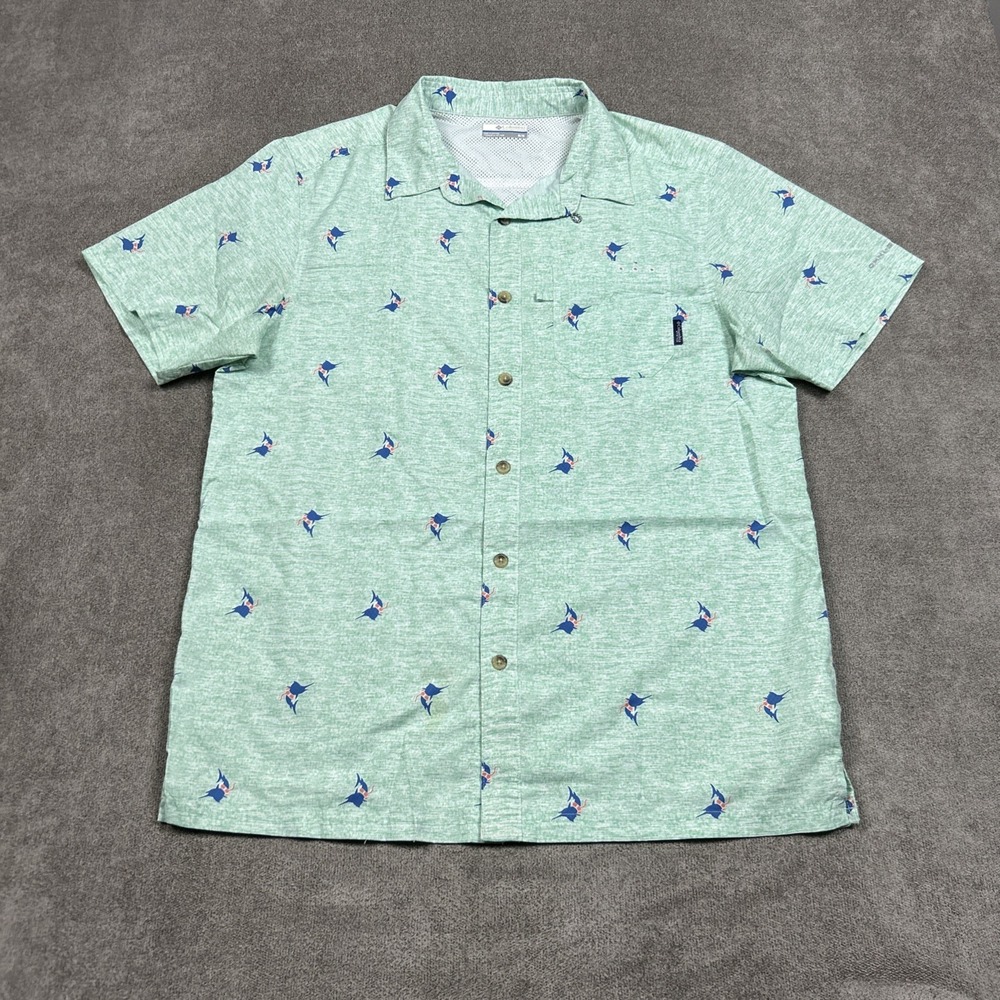 Columbia PFG Shirt Mens Medium Loop Collar Vented Fishing AOP Graphic Green - Picture 2 of 10